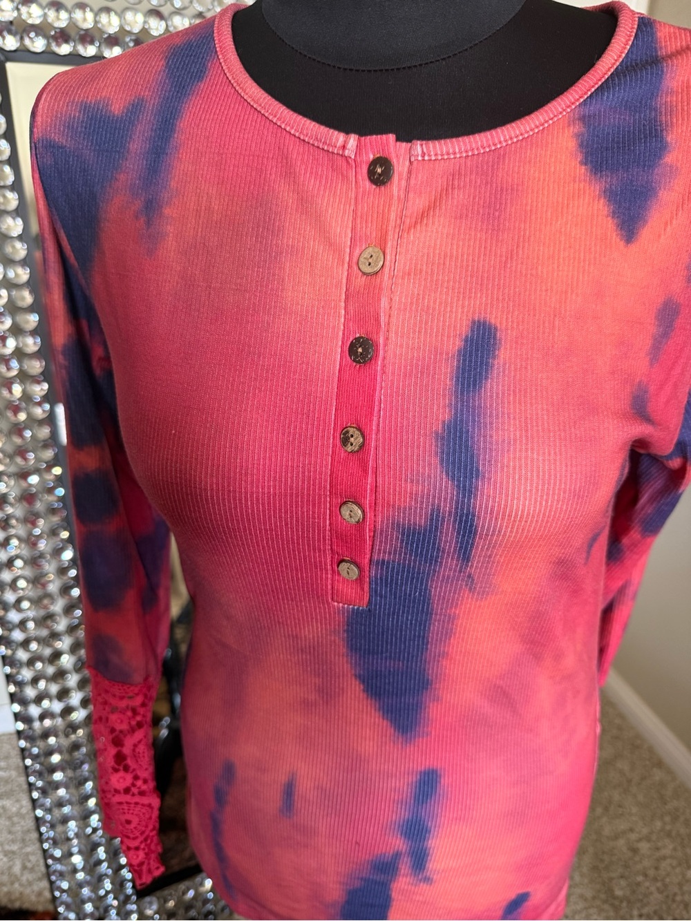 Tie-Dye Henley Long Sleeve Top - Pink & Blue